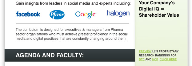 The curriculum is designed for executives & managers from Pharma
sector organizations who must achieve greater proficiency in the social
media and digital practices that are constantly changing around them. AGENDA AND FACULTY:MODULE 1 9 am – 11 am
Trends in Social Media & Digital
Scott Galloway | Founder, L2 | Professor of Marketing, NYU Stern
Pharma & Digital: The Good, the Bad, & the Ugly
Peter Houston | Director of Content, Advanstar
Navigating the Social Web
Mary Ann Belliveau | Google
Engagement 3.0: Social Media & Gamification
Douglas Goldstein | e-Futurist & Author, IConecto
MODULE 2 11:30 am – 1:45 pm
Outlook & Opportunities for Pharma Brands
Christy Cooper | Pharmaceutical Client Partner, Facebook
Activating New Platforms for Consumer Engagement
Paul Ewing | Group Leader Consumer Marketing, Pfizer
Social Media Case Studies in Pharma
Greg Shove | Co-Founder & CEO, Halogen
Digital IQ Rankings & Analysis
Colin Gilbert | Research, L2 Executive 1/2 Day Fee: $1000.00 For more information please CLICK HERE
or please contact Robert Boucini P 339.298.2150 F 781.939.2459 robert.boucini@cbinet.com