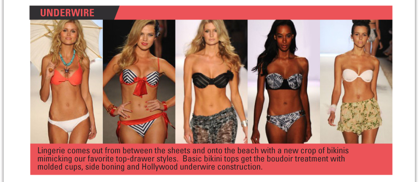UNDERWIRE Lingerie comes out from between the sheets and onto the beach with a new crop of bikinis mimicking our favorite top-drawer styles. Basic bikini tops get the boudoir treatment with molded cups, side boning and Hollywood underwire construction.