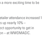With the thrilling announcement of our partnership with Prt  Porter Paris and the continuing buzz generated by Februarys launch of our interactive trend and fashion initiatives, theres never been a more exciting time to be a part of WWDMAGIC.

From August 2010, executive retailer attendance increased 16%. And overall buyer presence is up nearly 10%  making August 2011 the perfect opportunity to get in on the fashion  and the action  at WWDMAGIC.


