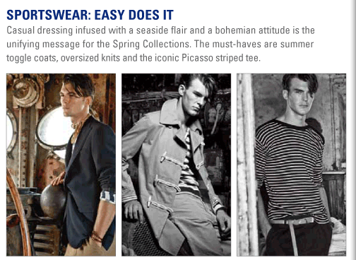 Sportswear: Easy Does It  Casual dressing infused with a seaside flair and a bohemian attitude is the   unifying message for the Spring Collections. The must-haves are summer toggle   coats, oversized knits and the iconic Picasso striped tee. 