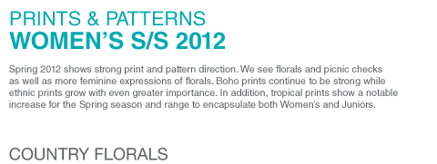 PRINTS & PATTERNS
WOMENS S/S 2012
Spring 2012 shows strong print and pattern direction. We see florals and picnic checks as well as more feminine expressions of florals. Boho prints continue to be strong while ethnic prints grow with even greater importance. In addition, tropical prints show a notable increase for the Spring season and range to encapsulate both Womens and Juniors.