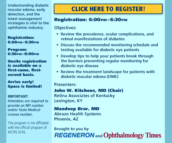 Click Here to Register! Objectives: • Review the prevalence, ocular complications, and retinal manifestations of diabetes • Discuss the recommended monitoring schedule and testing available for diabetic eye patients • Devlop tips to help your patients break through the barriers preventing regular monitoring for diabetic disease • Review the treatment landscape for patients with diabetic macular edema (DME)